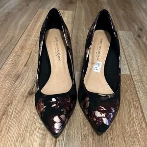 Black Metallic Floral Print Heels. Christian Siriano